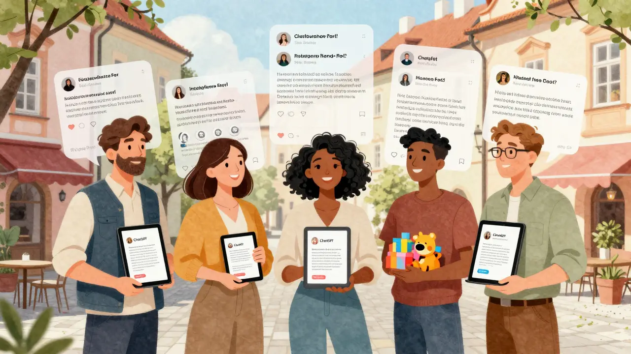 Čeští podnikatelé společně využívají ChatGPT k personalizaci marketingu, za nimi se objevují digitální obsahy.