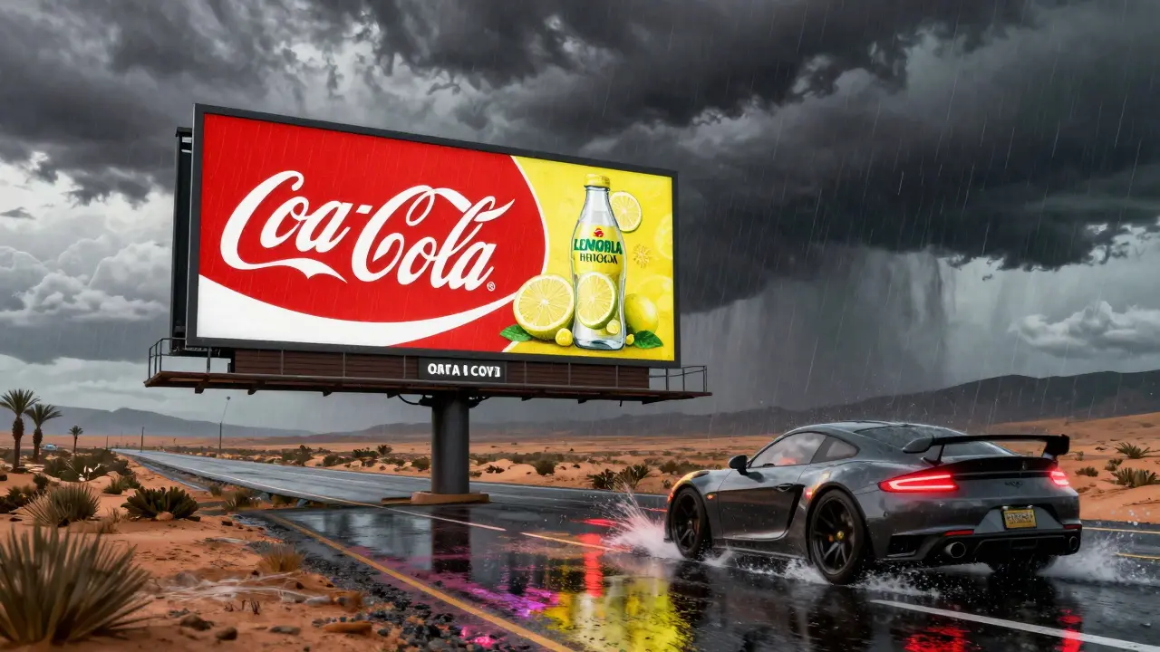 Dynamická reklama na silnici v Forza Horizon 5, která se mění podle počasí s autem jedoucím kolem.