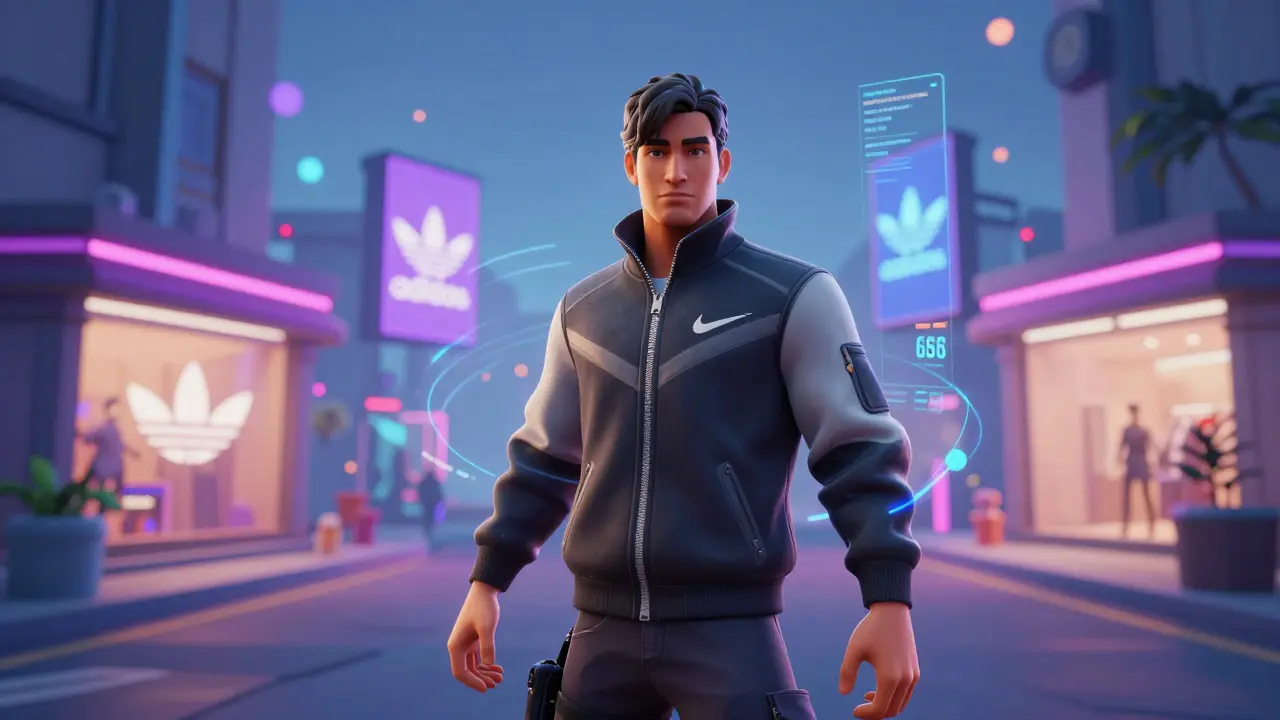 Hráč v Fortnite s digitálními značkovými oblečeními a neviditelnými datovými prázdninami kolem těla.