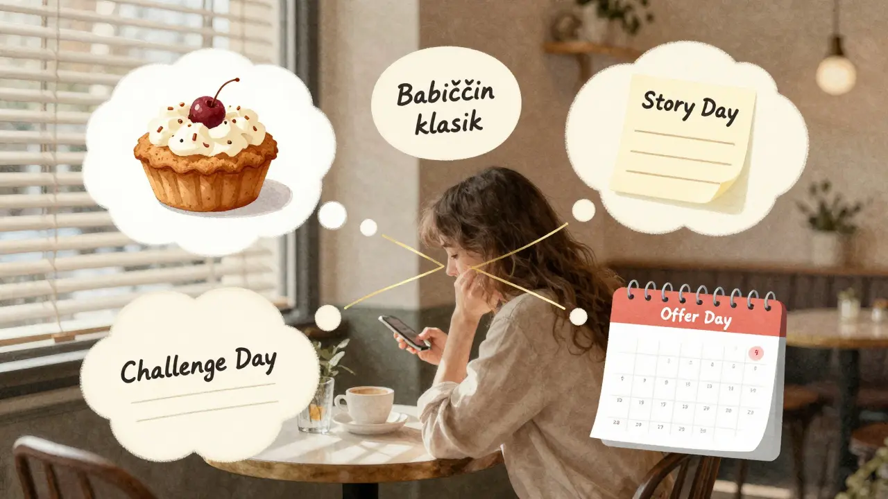 Nápadové bubliny s nápady na Instagram příspěvky pro českou kavárnu, včetně humoru a kalendáře obsahu.