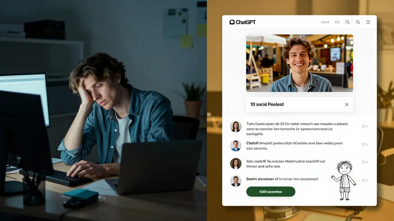 Porovnání starého a nového způsobu tvorby obsahu: unavený marketer vs. spokojený podnikatel s ChatGPT.
