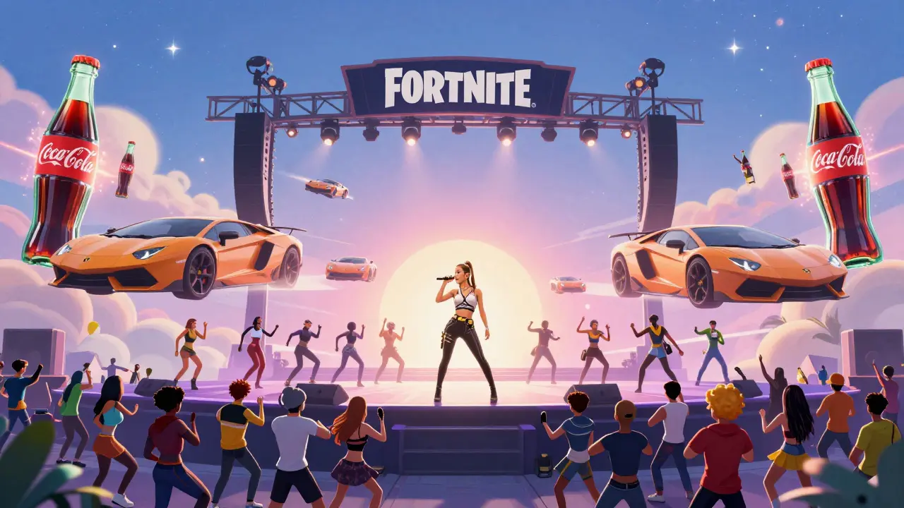 Tisíce avatárů tančí na koncertě ve Fortnite, zatímco Lamborghini září na obzoru.