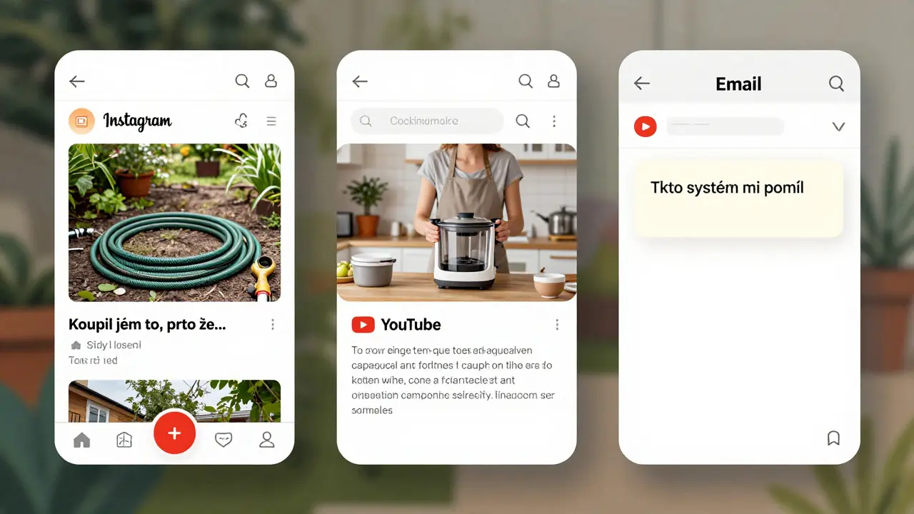 Tři digitální kanály: Instagram, YouTube a e-mail, vše s autentickými doporučeními produktů.