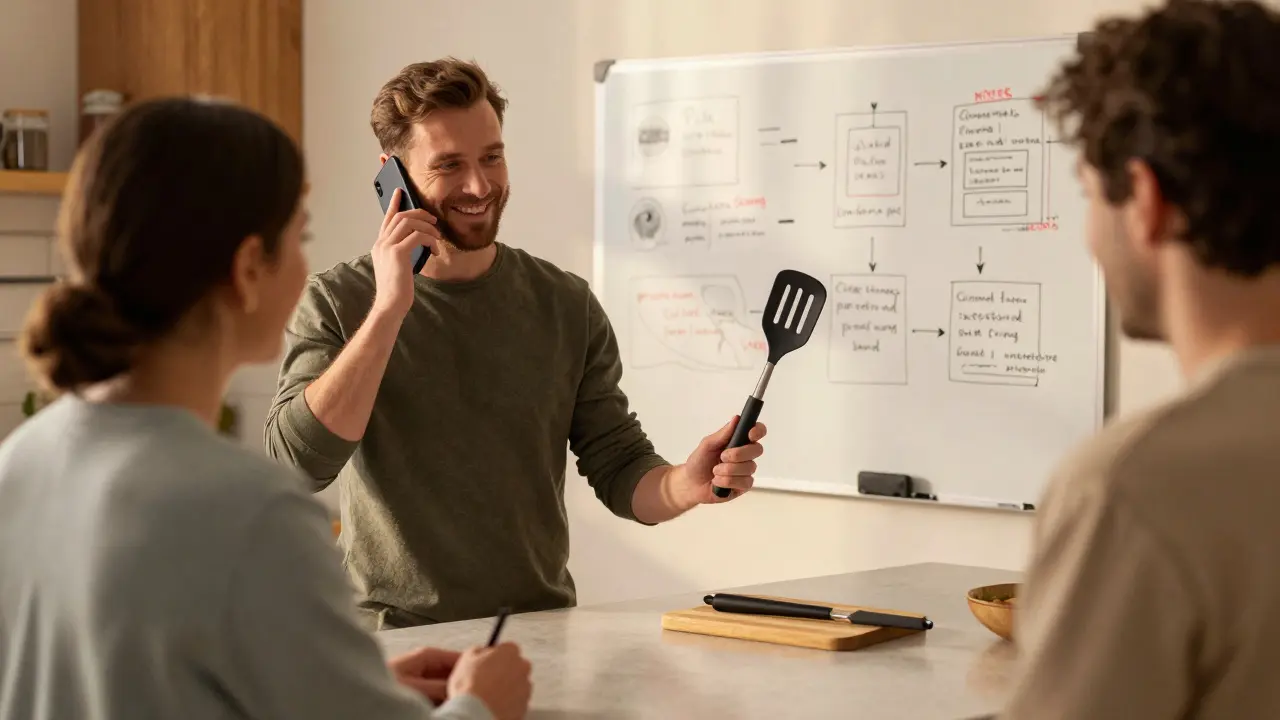 Business owner discussing customer needs while visualizing a kitchen tool in AR on a countertop.