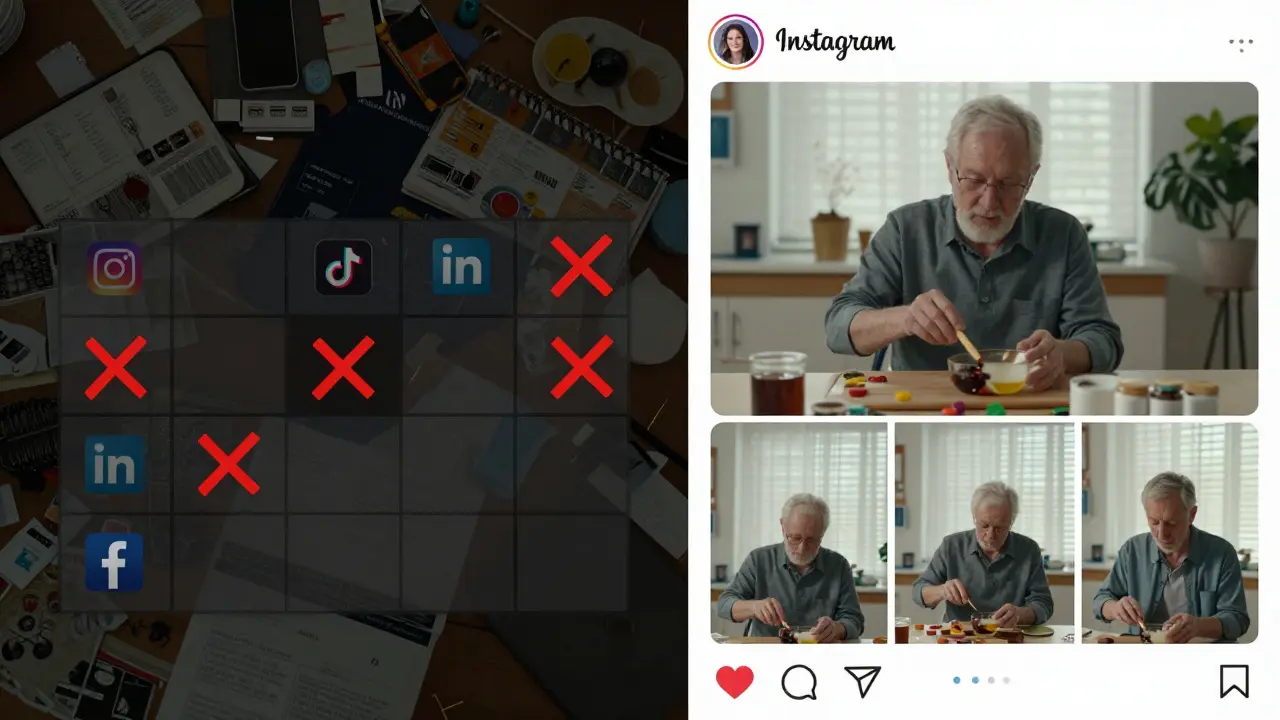 Contrast between chaotic multi-platform social media posting and focused Instagram video tutorials.