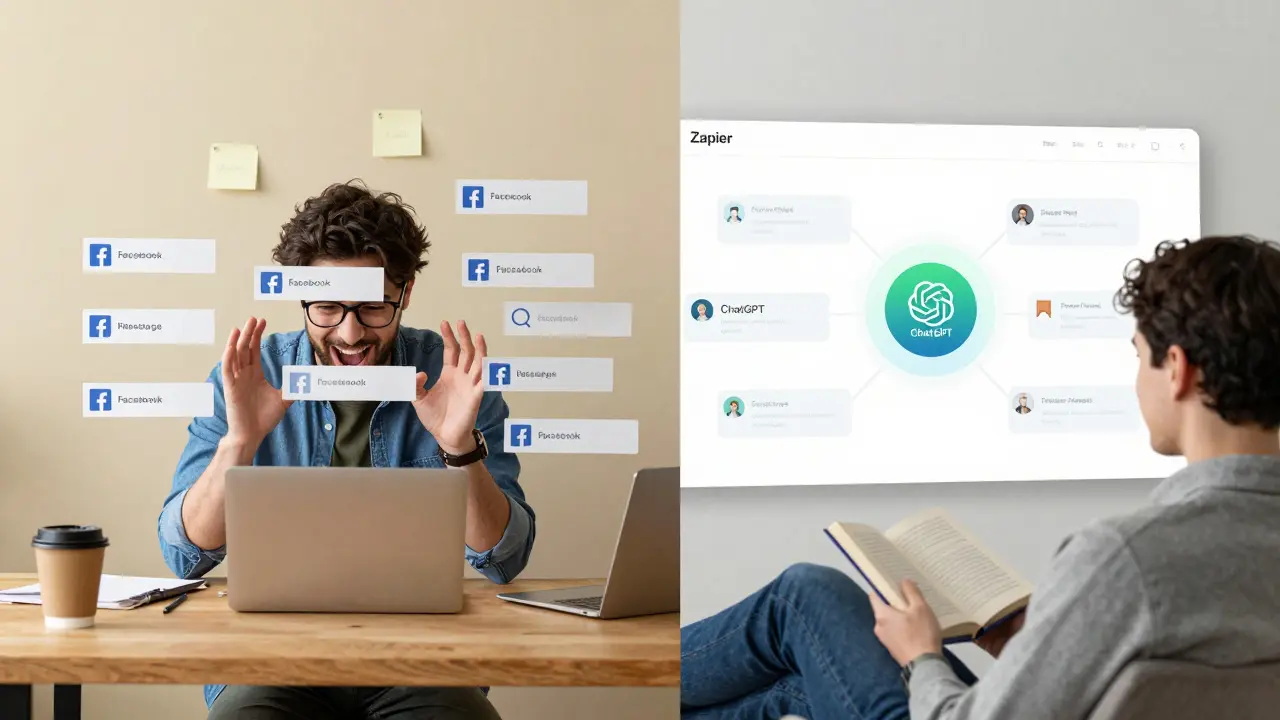 Contrast between overwhelmed business owner handling messages manually versus relaxed owner with automated system.