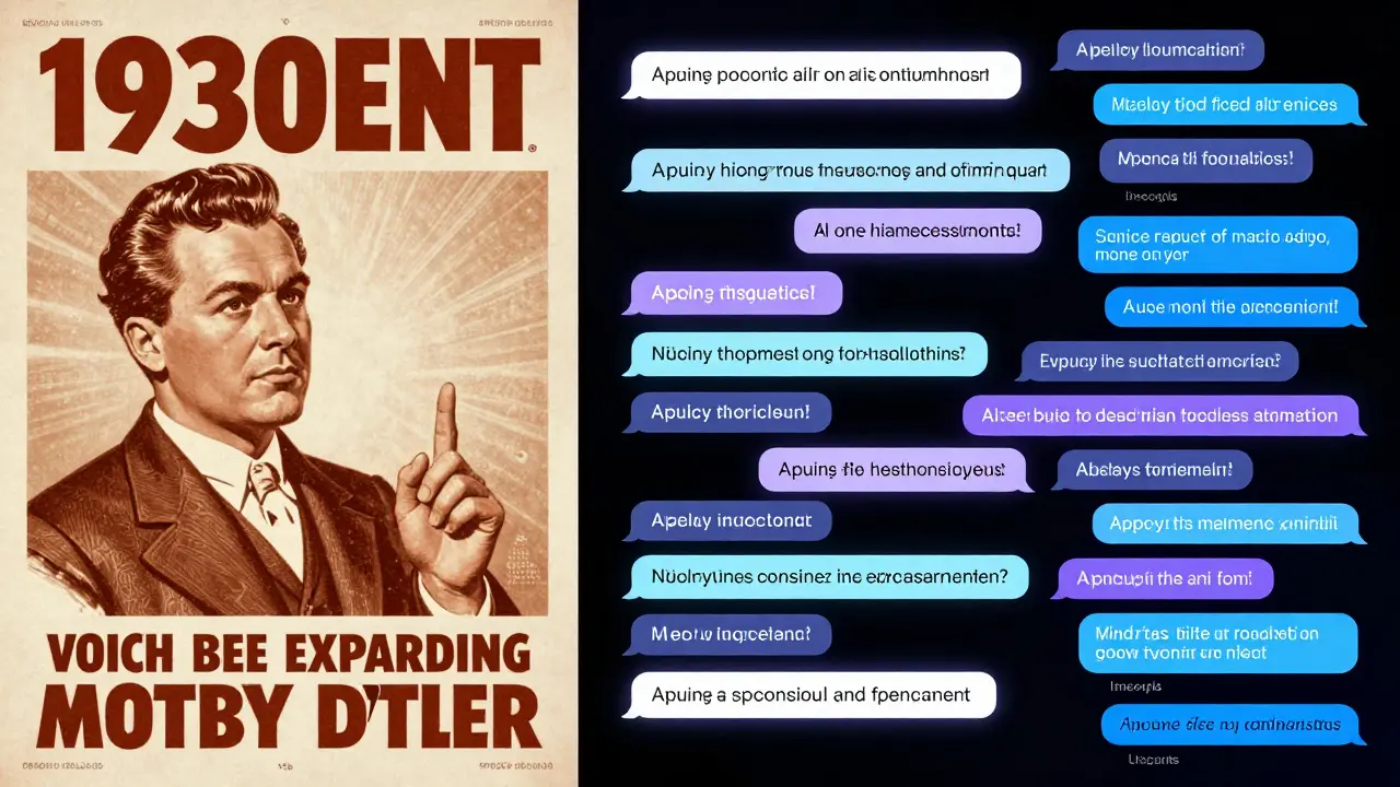 Porovnání staré propagandy z 1930. let s moderní AI-generovanou personalizovanou propagandou, kde jedna zpráva se mění na tisíce verzí pro různé uživatele.