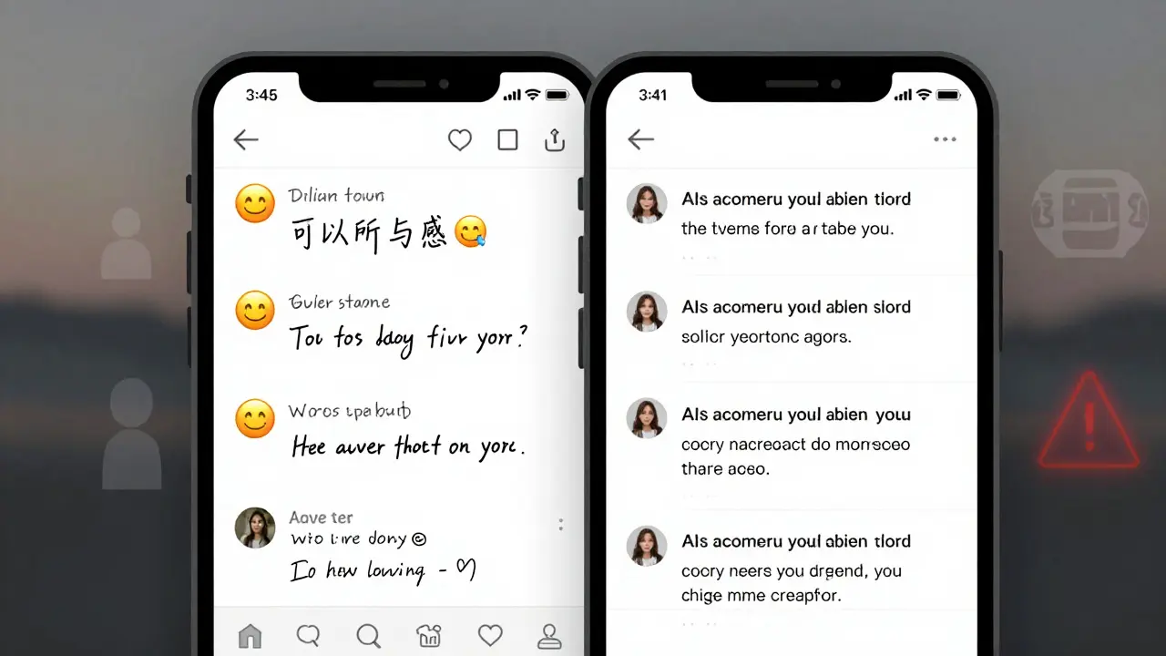 Srovnání lidských a AI generovaných komentářů na obrazovce telefonu s varovným symbolem.