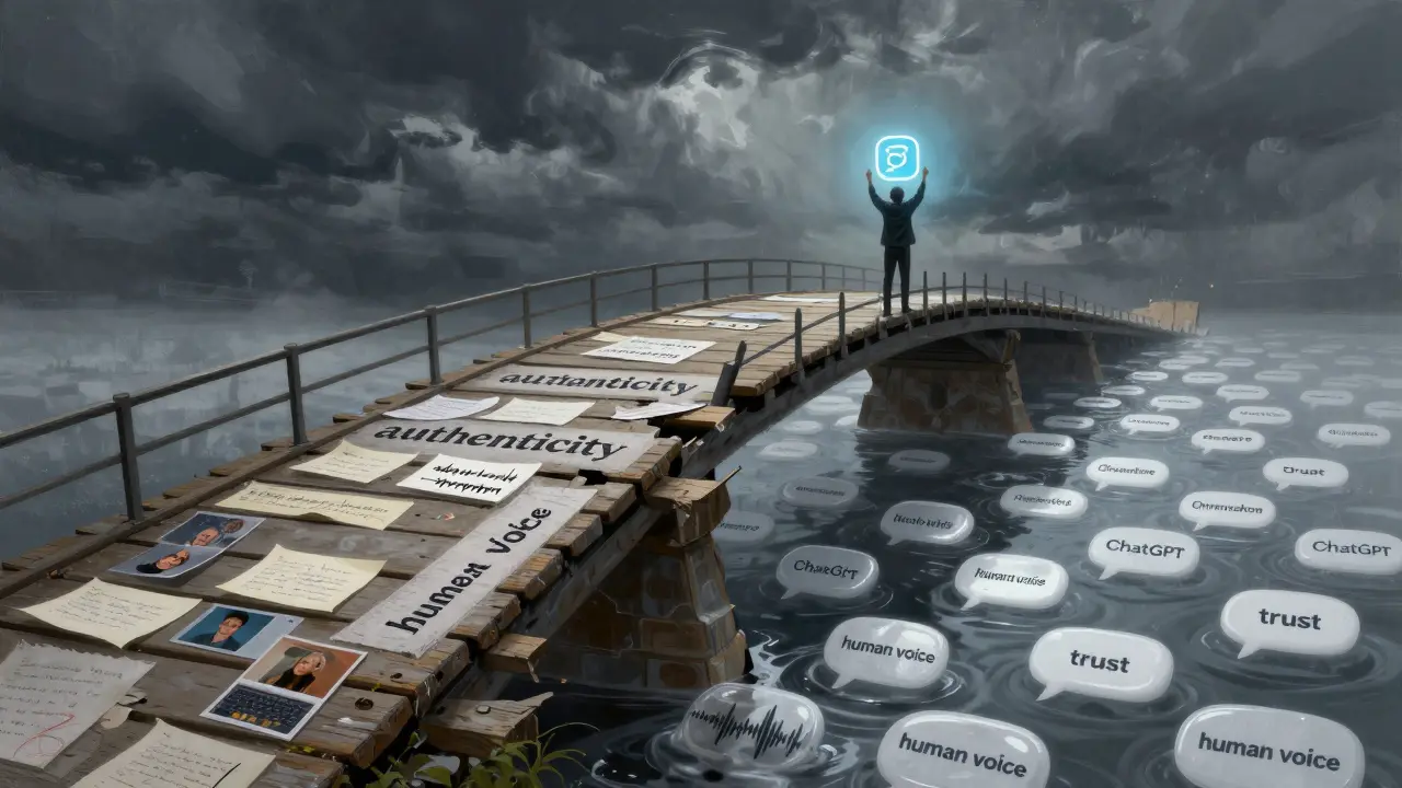 Zhroutivý most z příspěvků, kde jedna strana je lidská, druhá AI, stojí na kraji jedna postava.