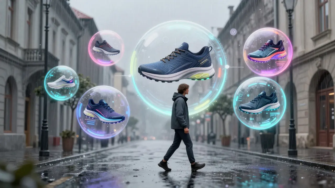 Člověk v Olomouci obklopen personalizovanými digitálními reklamami na boty v dešti.