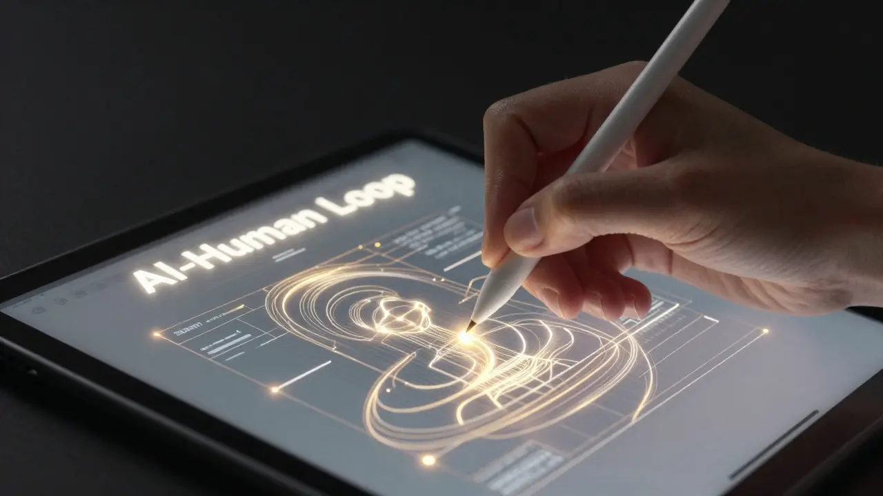 Detail ruky upravující digitální text s pomocí AI doporučení na tabletu.