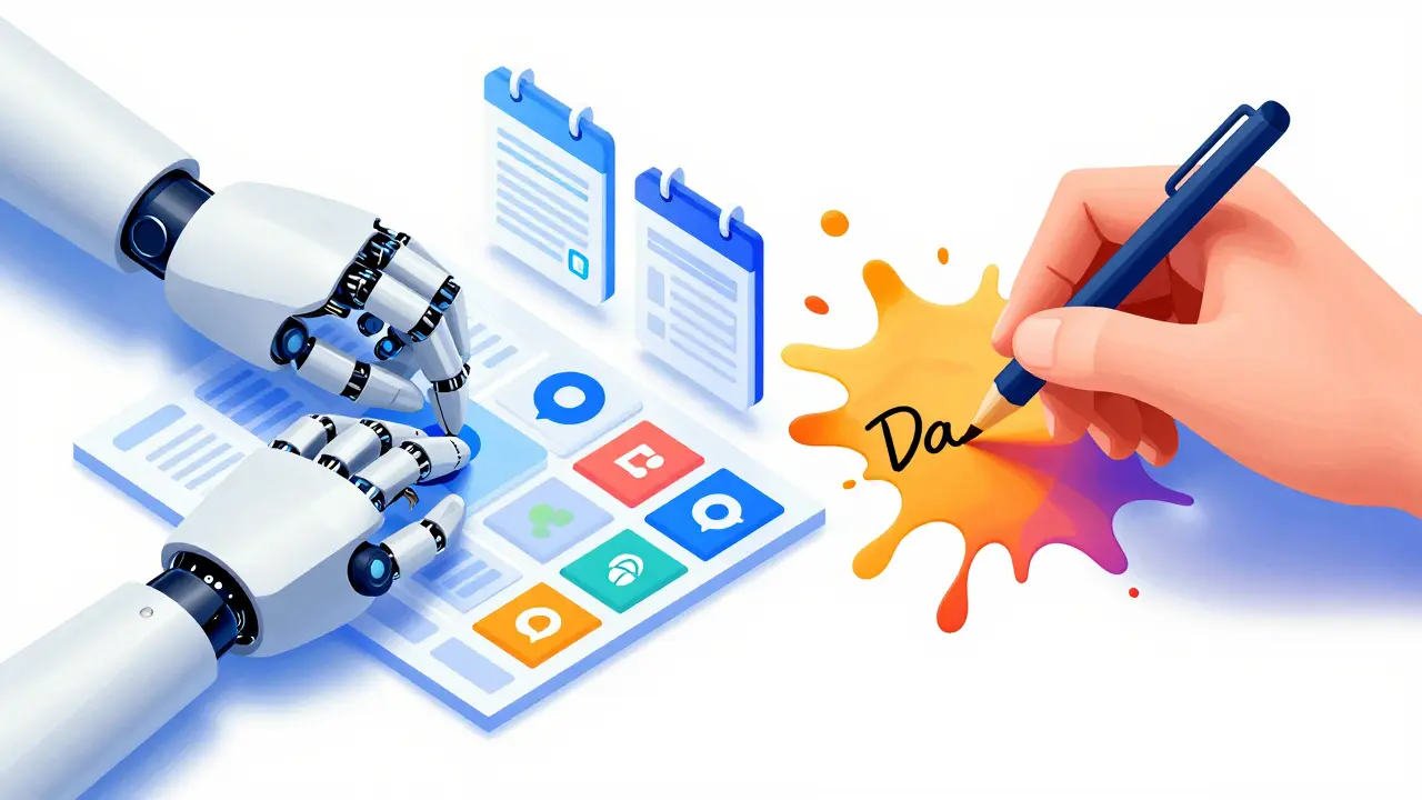 Ilustrace kombinující digitální strukturu AI s lidskou kreativitou a barvami.