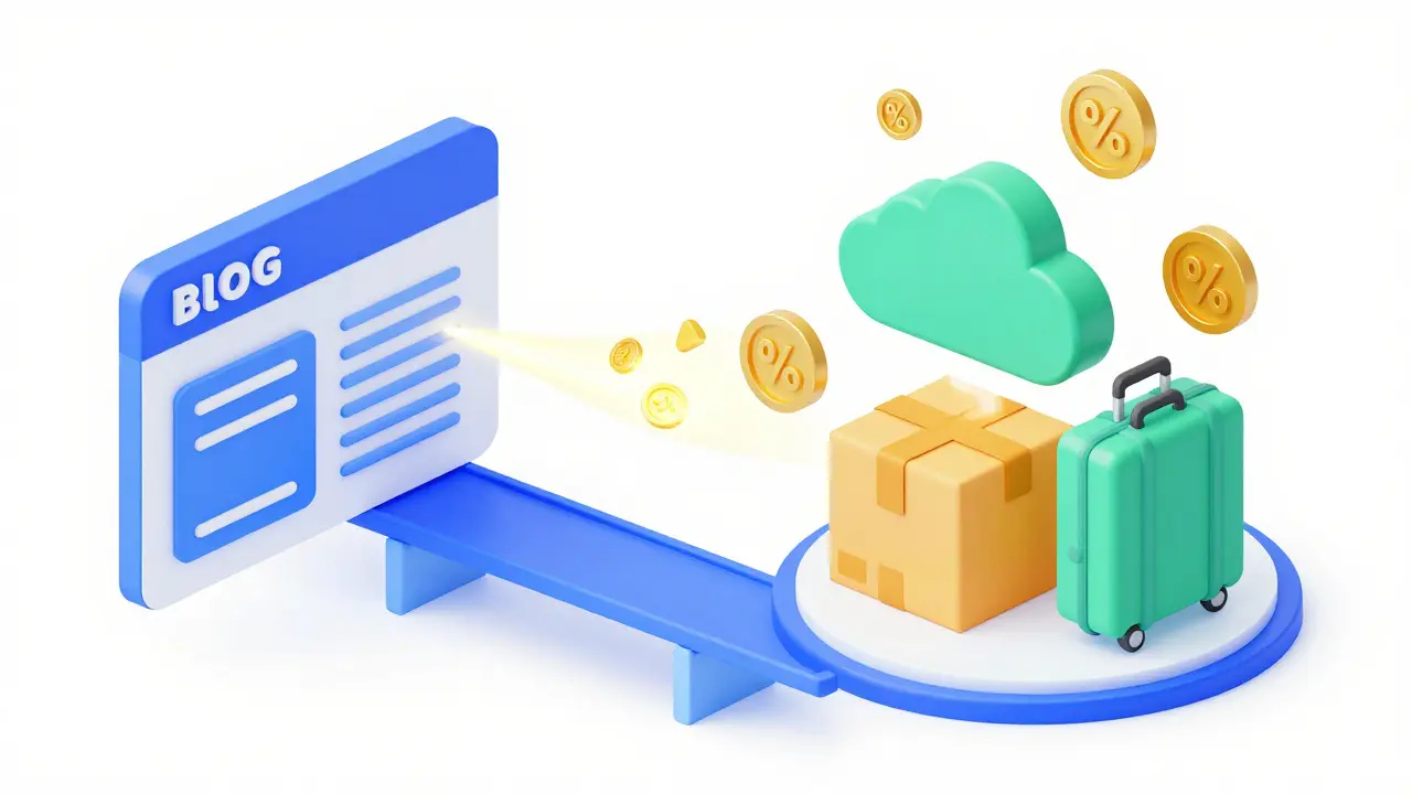 Izometrická ilustrace procesu affiliate marketingu a provizí.