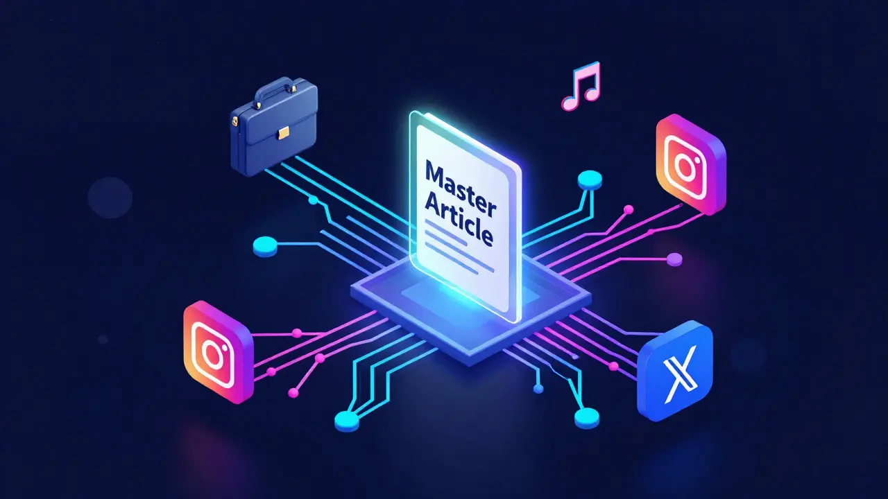 Konceptuální ilustrace transformace jednoho článku do různých formátů pro sociální sítě.