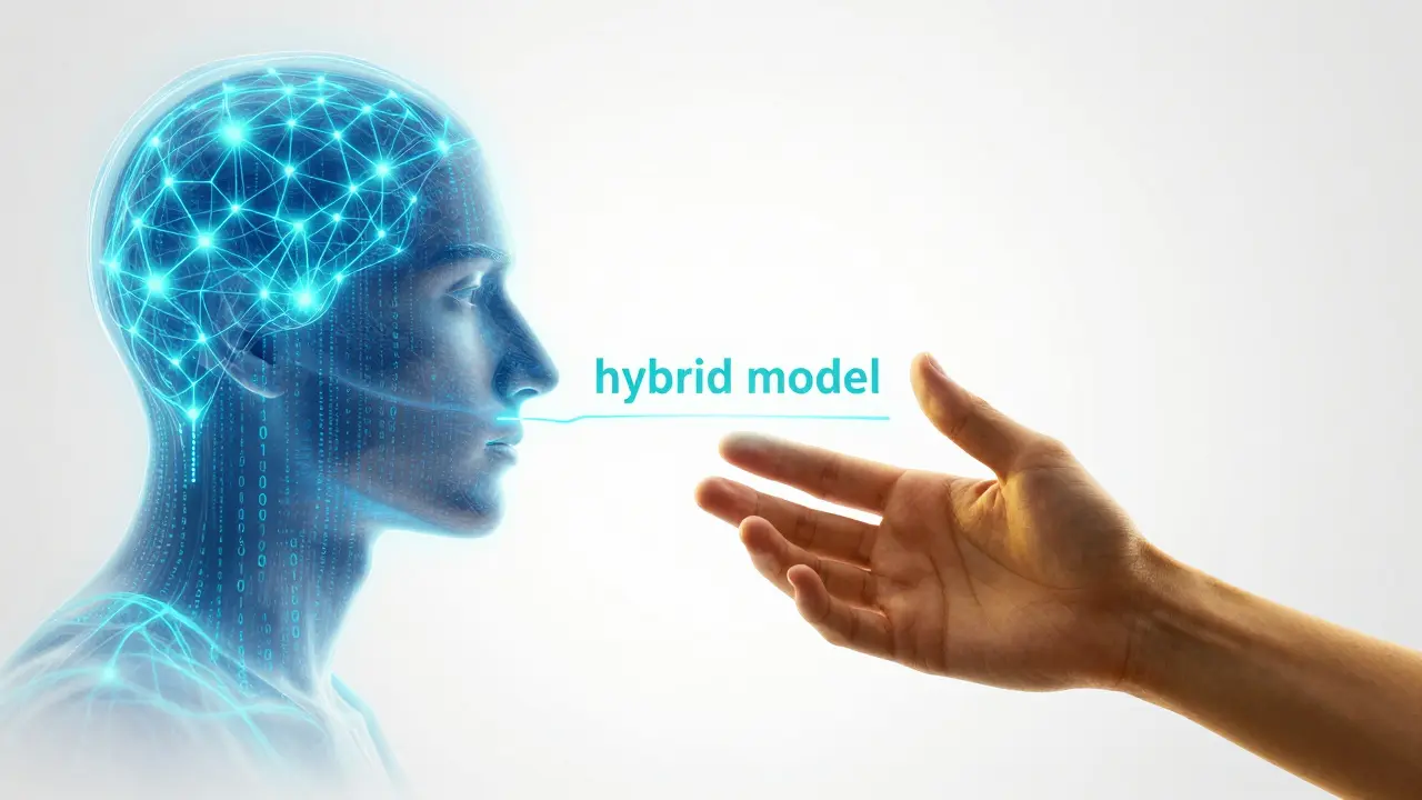 Konceptuální obraz hybridního modelu komunikace mezi AI a člověkem.