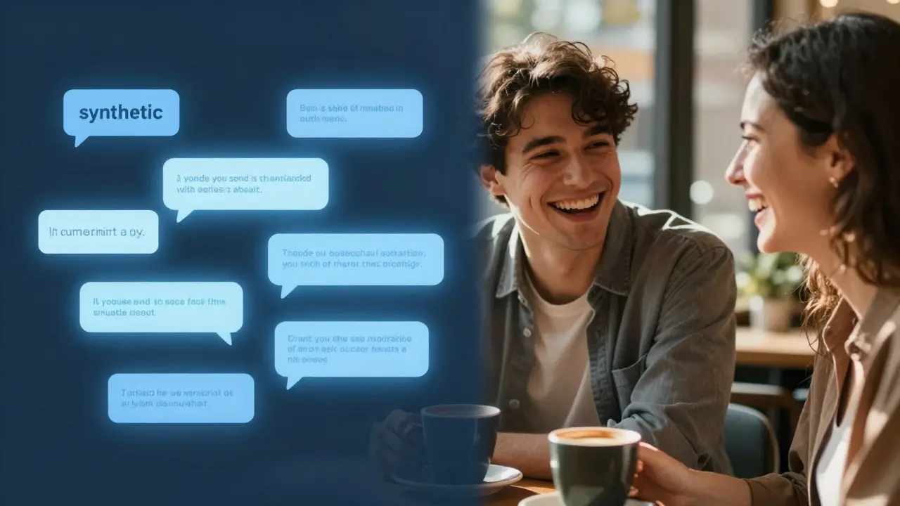 Kontrast mezi sterilním digitálním rozhraním AI a autentickým lidským setkáním.