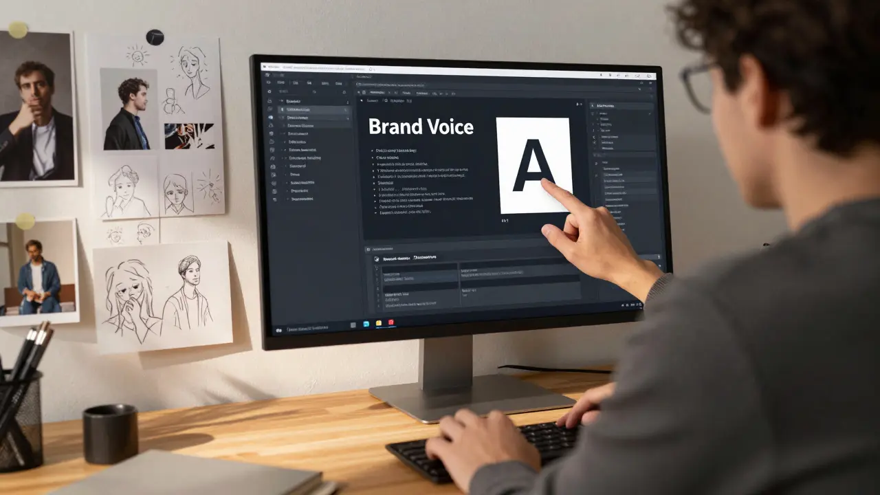 Kreativní ředitel ladící tón značky v AI nástroji při svitě přirozeného světla.