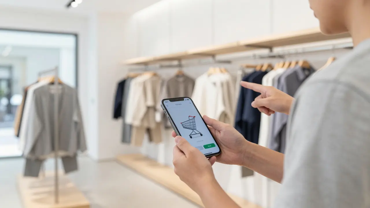 Zákazník a prodavač v moderním obchodě propojení nákupního košíku z mobilu a tabletu.