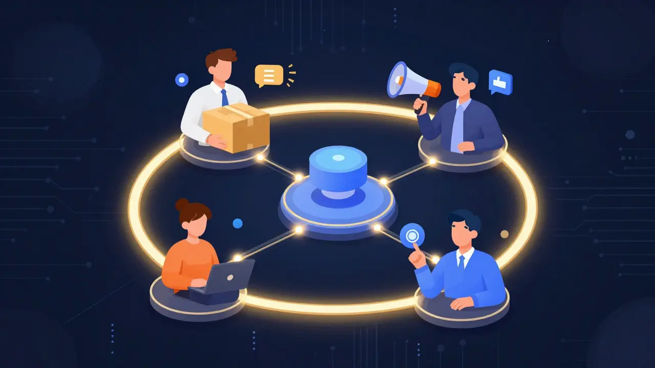 Konceptuální ilustrace čtyř klíčových hráčů v affiliate marketingu propojených světelnými liniemi.
