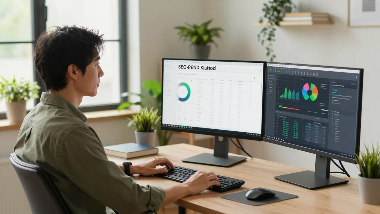 Profesionál pracuje na počítači s analytickými nástroji pro affiliate marketing.