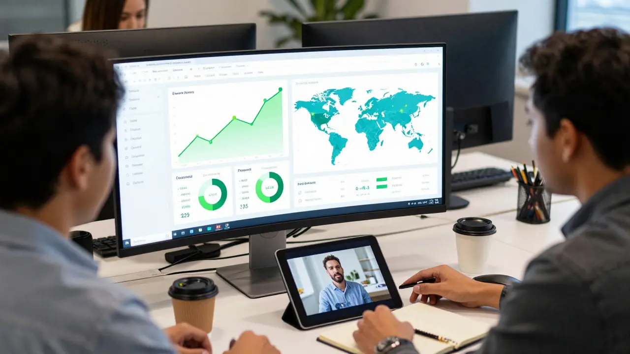 Tým marketerů analyzující data a konverze na velkém displeji v moderní kanceláři