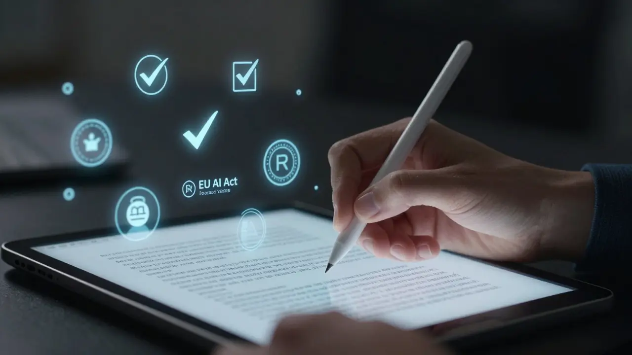 Human editor reviewing AI-generated text with symbols of ethics and compliance