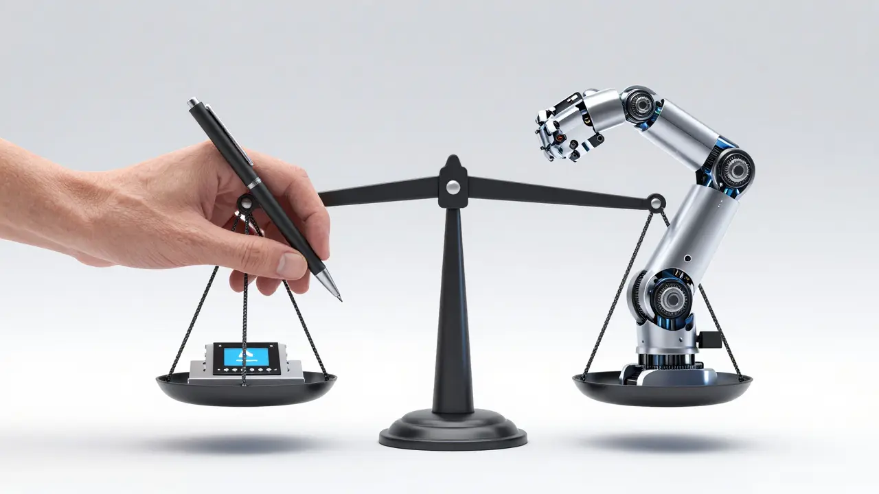 Váha vyvažující lidskou kreativitu a robotickou pomoc při marketingu