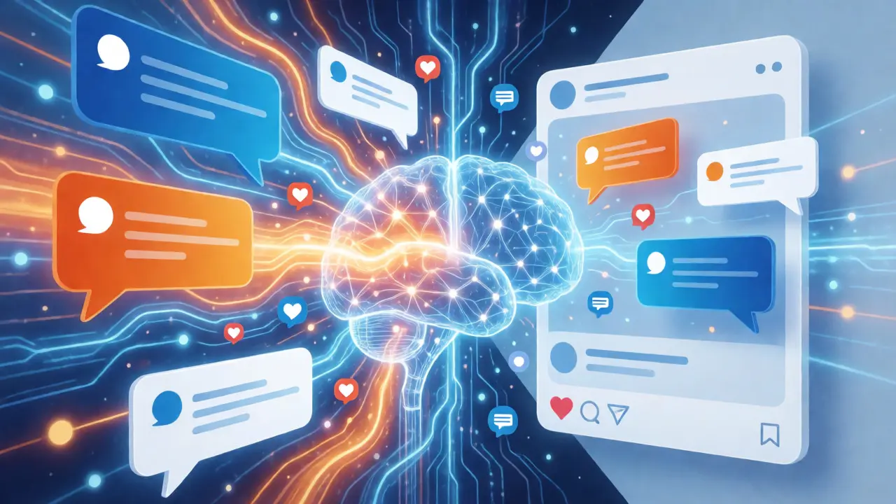 Conceptual digital art of an AI brain generating varied social media posts and engagement metrics.