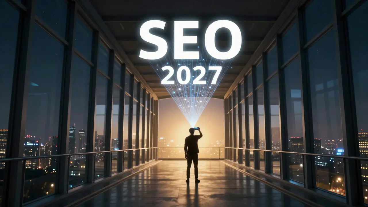 Futuristic figure looking towards a bright horizon, symbolizing the future of SEO strategy