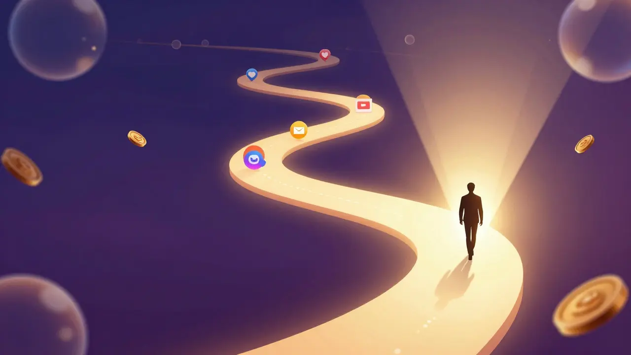 Glowing path connecting abstract marketing nodes leading to a bright light