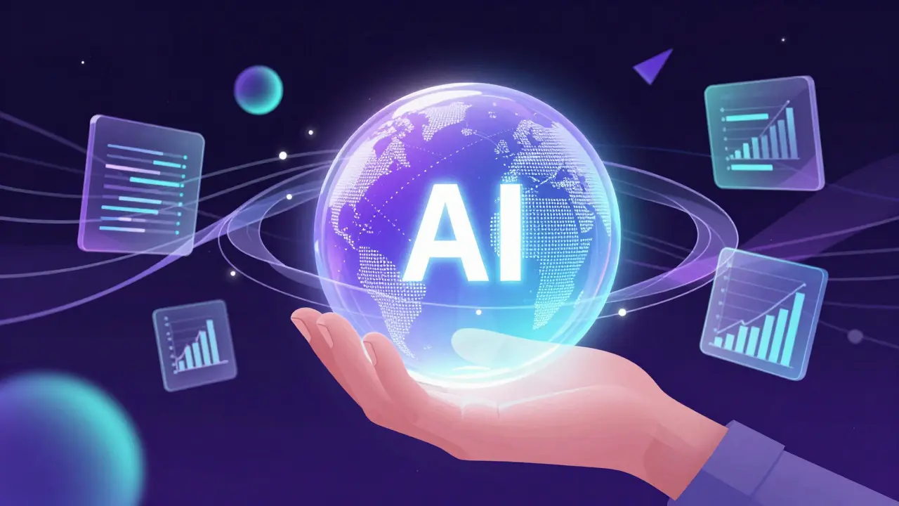 Konceptuální ilustrace spojení umělé inteligence a kreativity s datovými vzory