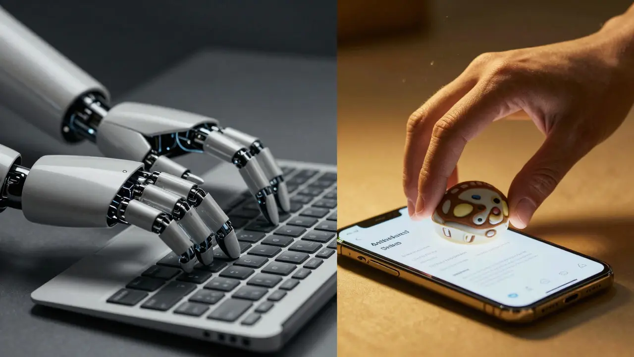 Kontrast mezi robotickou rukou a lidskou tvorbou pro autentický Instagram