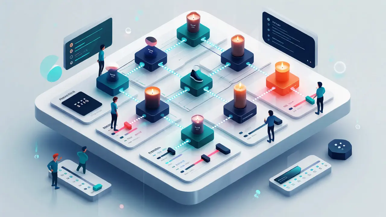 3D isometric view of AI-driven marketing strategy nodes.