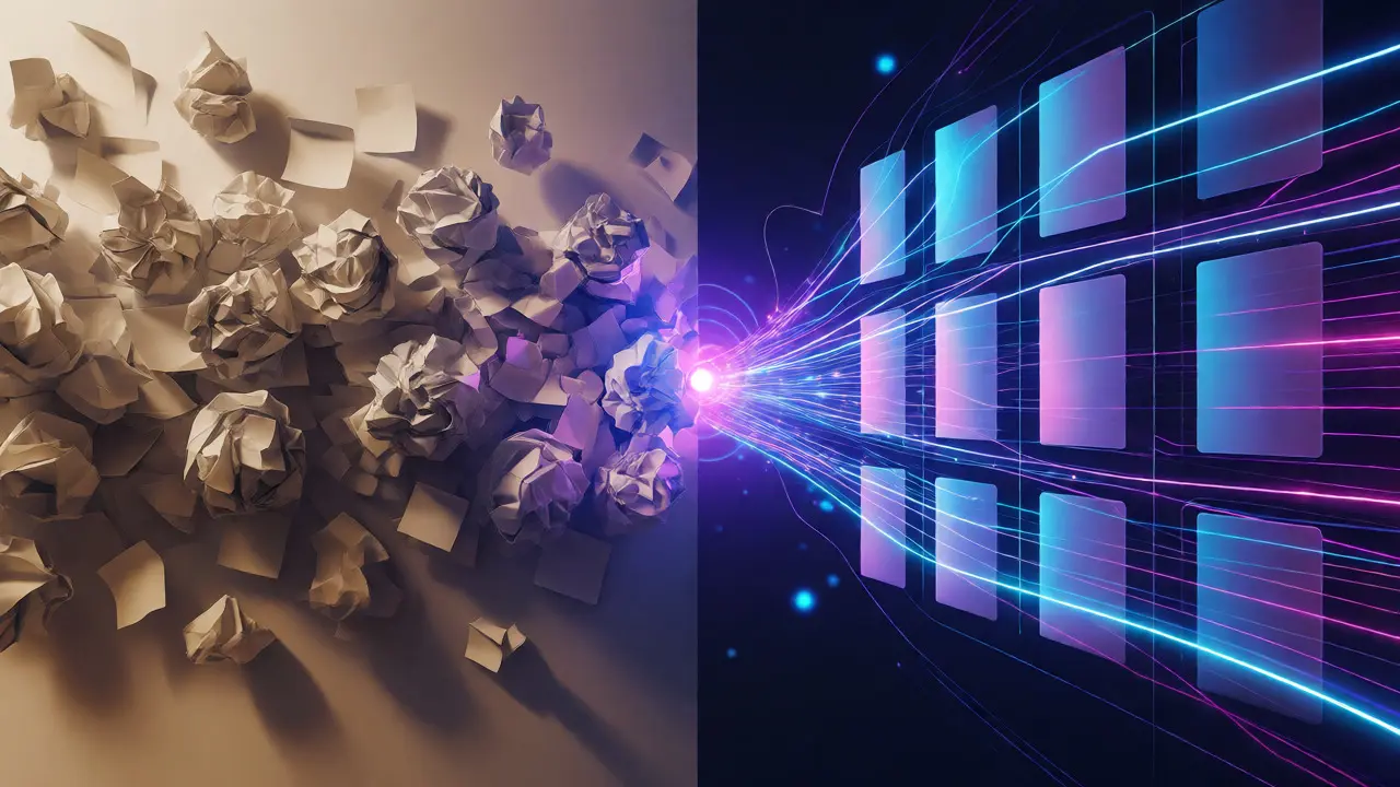 Abstract visualization comparing traditional vs. AI ad creation.