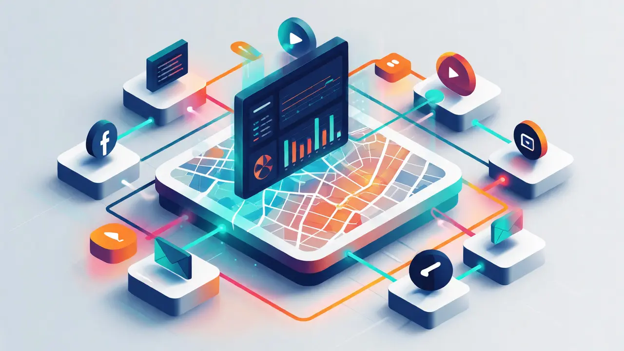 Izometrická ilustrace digitálního marketingového ekosystému s daty a kanály.