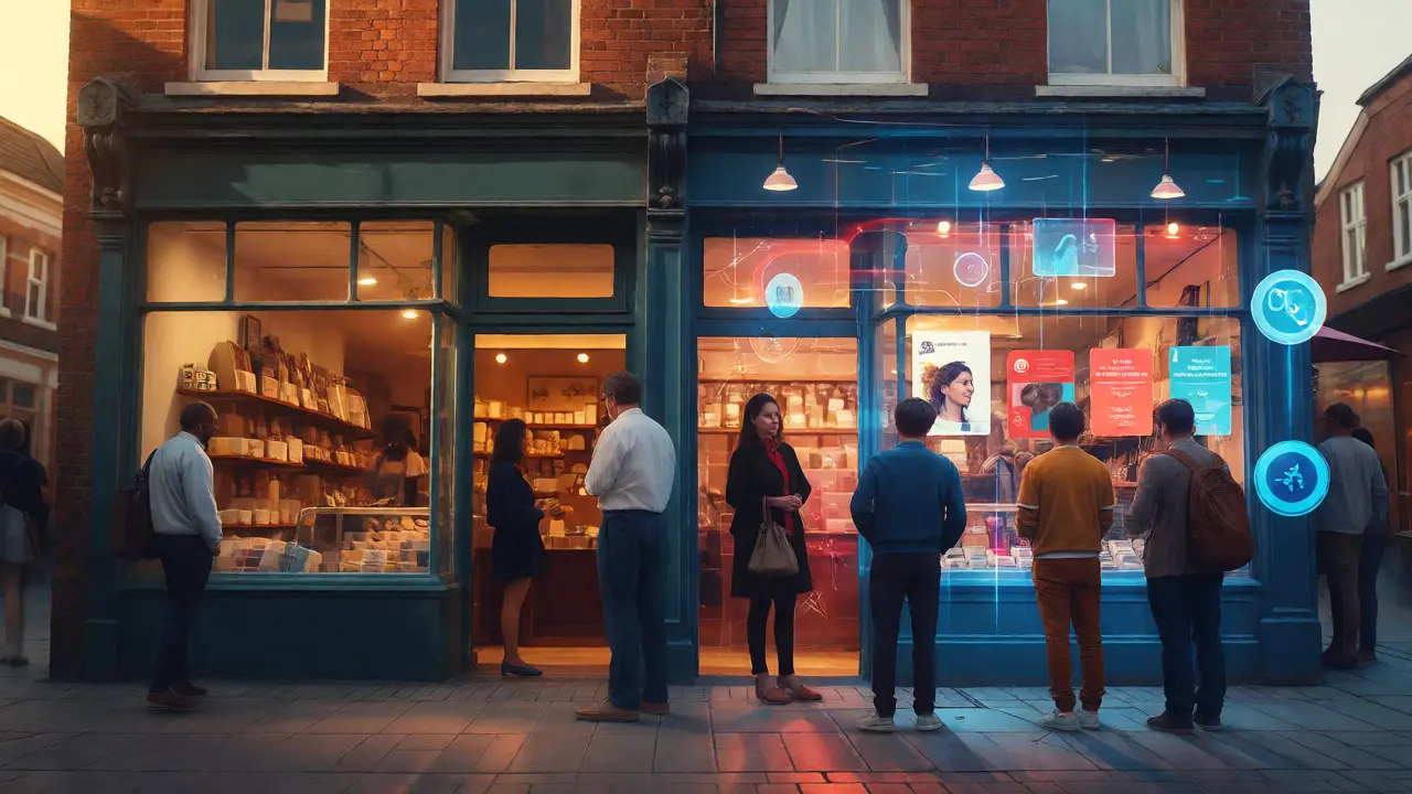 Konceptuální spojení kamenné prodejny s futuristickými digitálními prvky.
