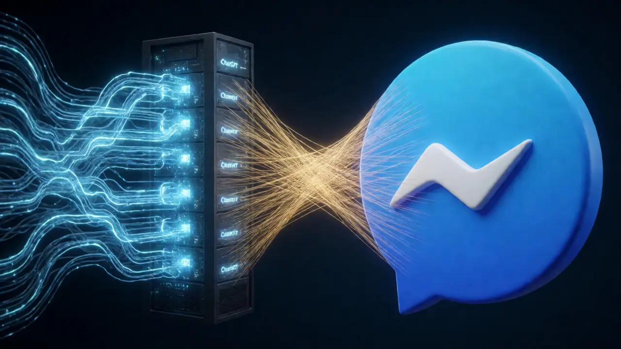 Konceptuální vizualizace propojení umělé inteligence a sociálních sítí pomocí svítících datových toků.
