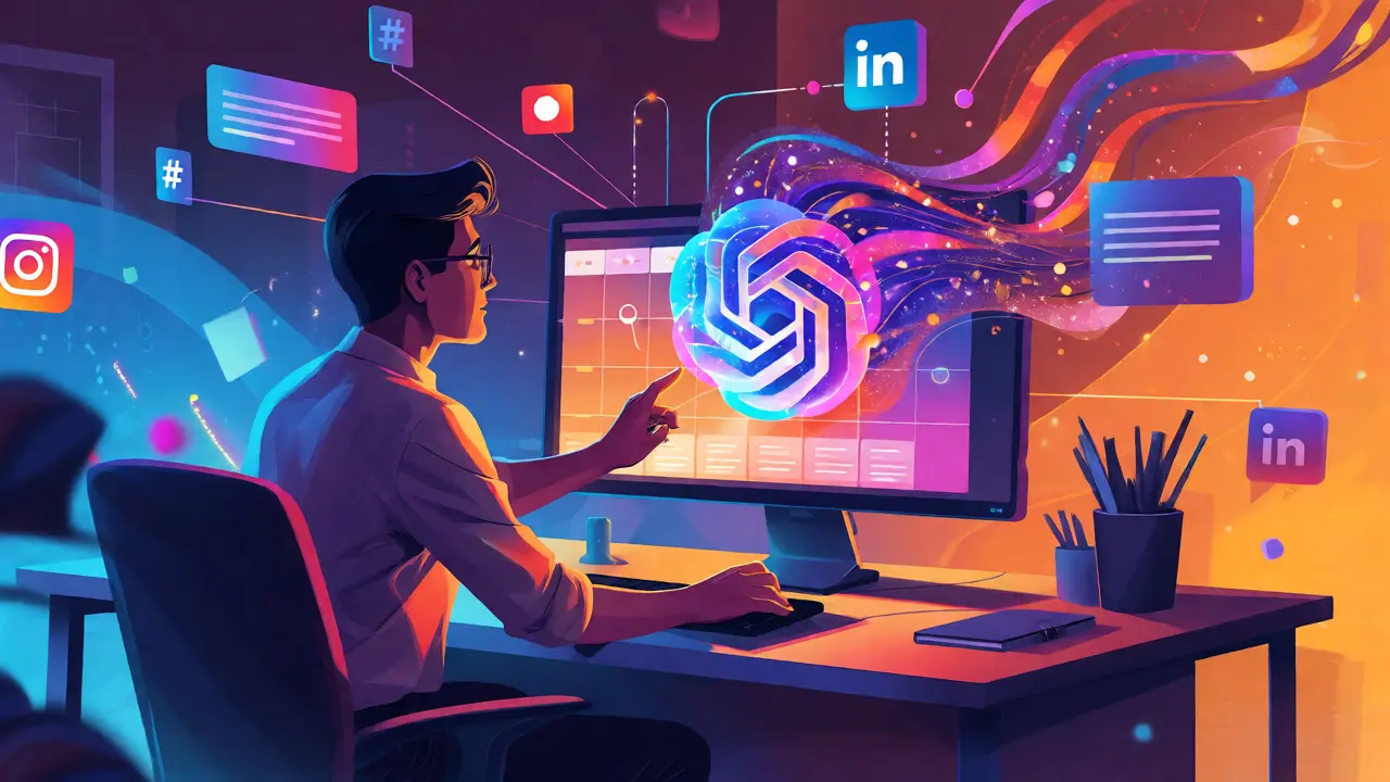Moderní marketér využívající AI pro rychlé generování obsahu a strategii.