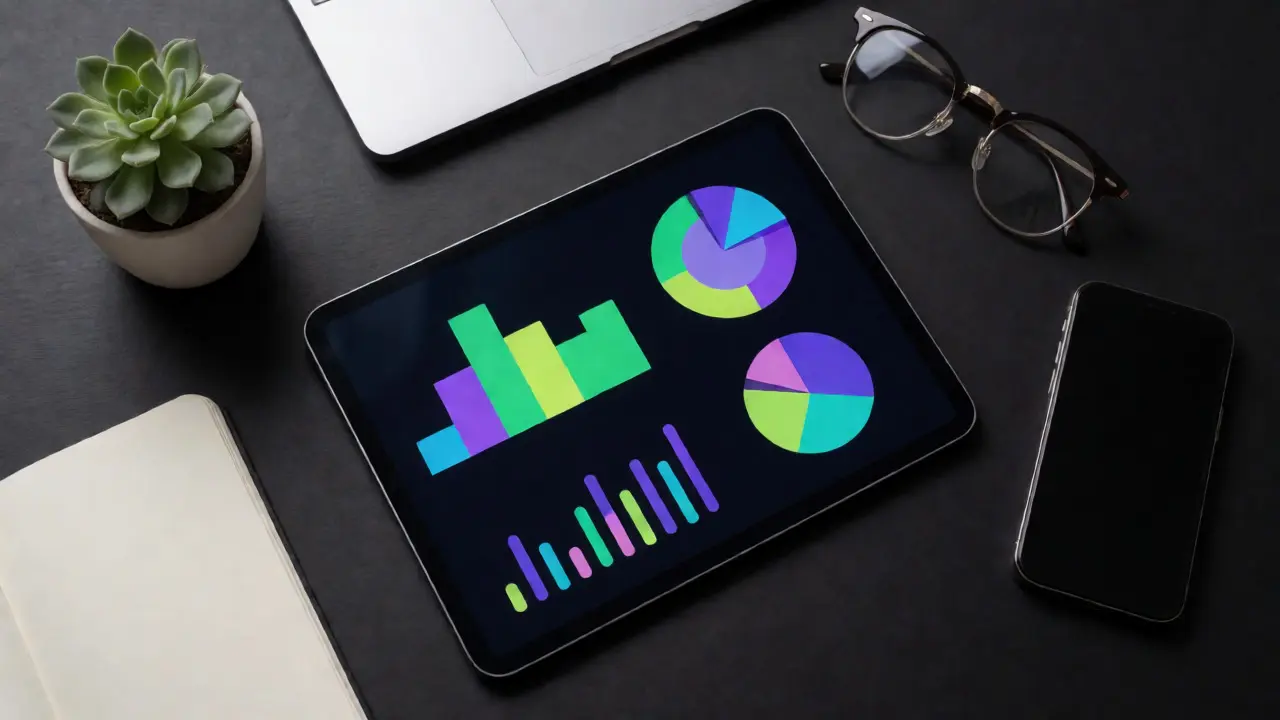 Pracovní stůl s tabletem zobrazujícím analytické grafy a kancelářskými potřebami