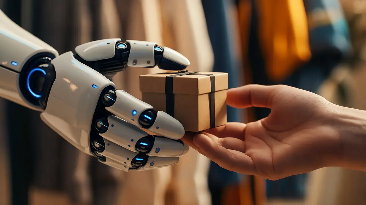 Robotická ruka předává personalizovaný dárek lidské ruce v přátelském prostředí.