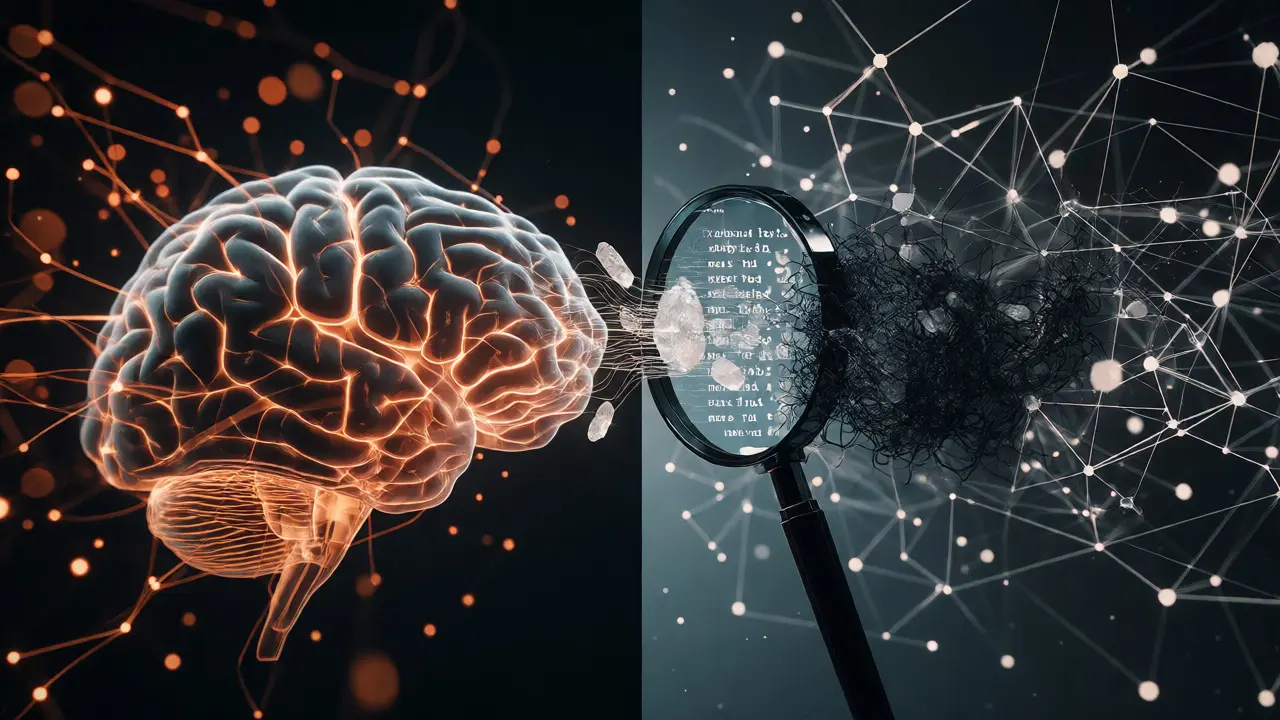 Abstraktní spojení lidského mozku a AI sítě nad analyzovaným textem
