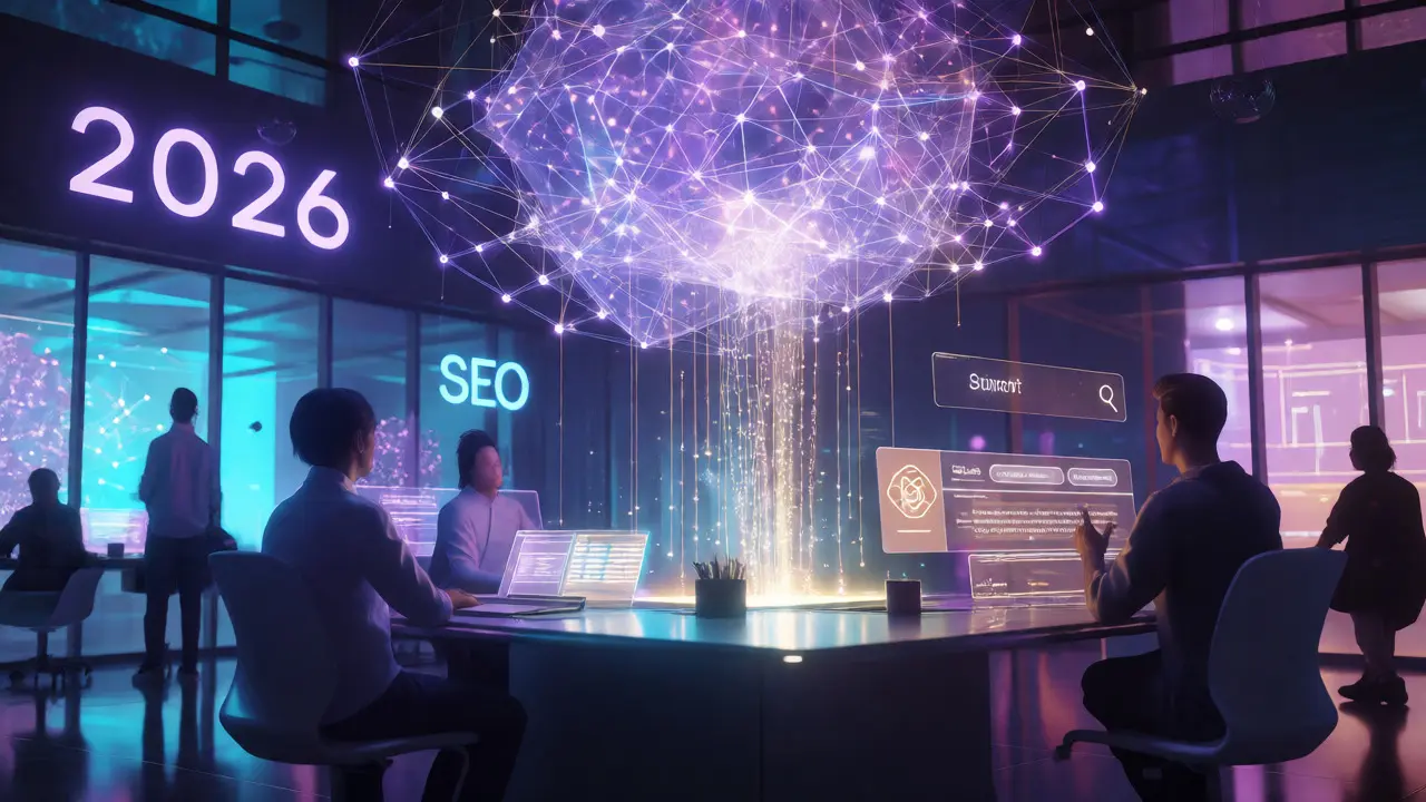 Futuristická scéna AI a GEO optimalizace v roce 2026
