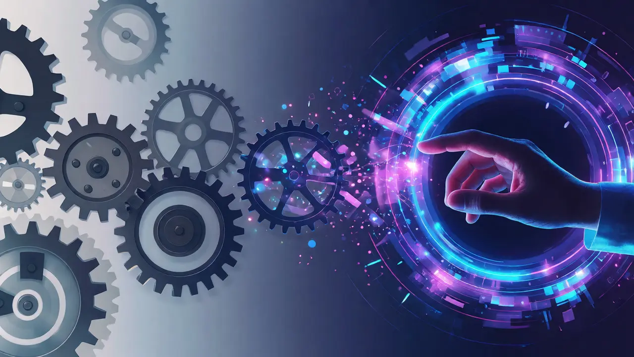 Konceptuální ilustrace porovnávající pomalý tradiční proces s rychlým AI-asistovaným workflow.