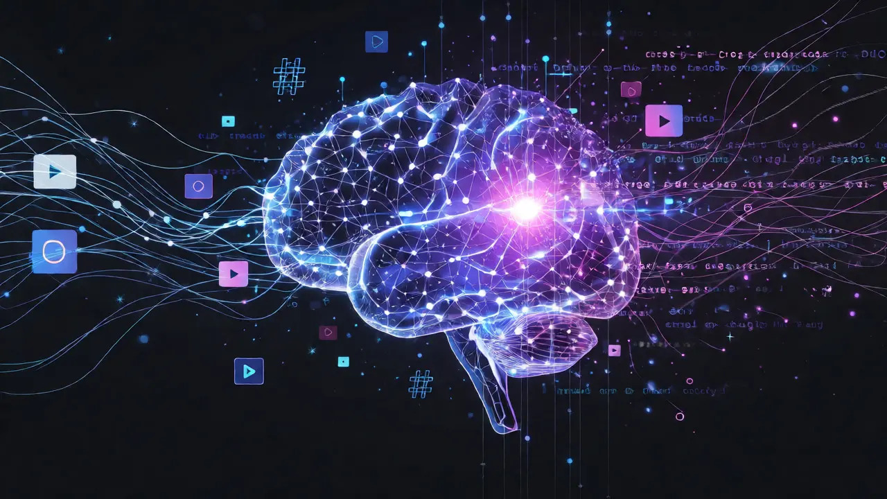 Konceptuální vizualizace propojení lidského mozku s digitální AI technologií.