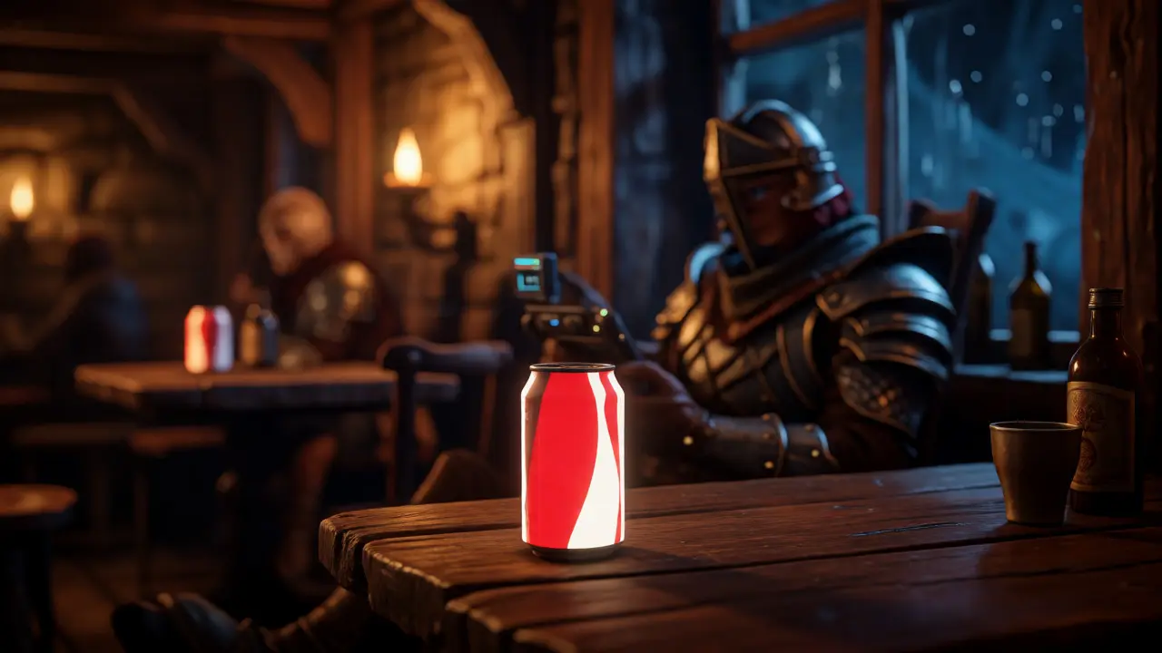Virtual RPG bar scene featuring a branded soda can on a table as native ad